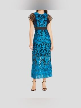 Foxiedox Rosalynn Embroidered Lace Midi Dress Blue Black Size L